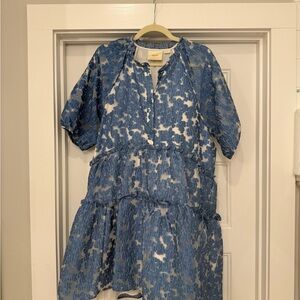 Anthropologie Maeve Blue and White Tiered Jacquard Dress